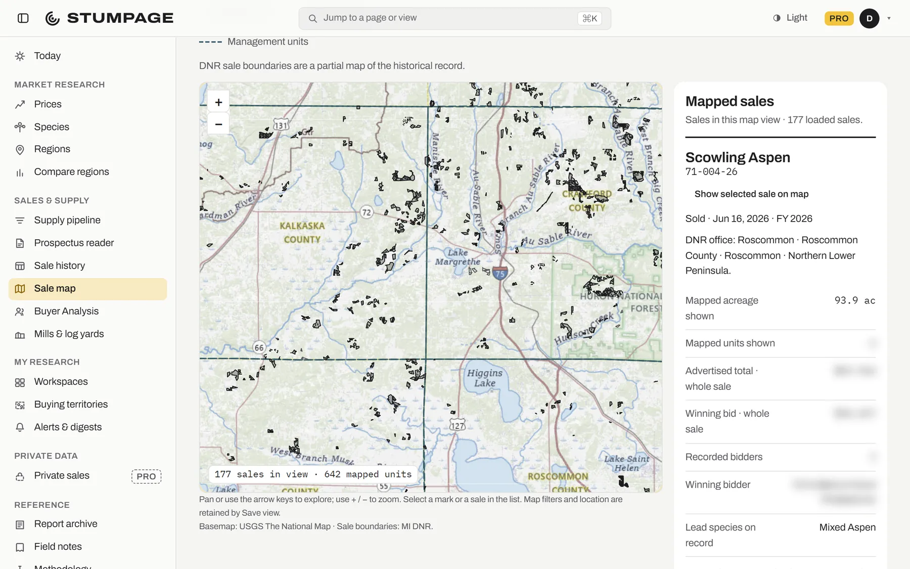 Stumpage open on the sale map, zoomed into Kalkaska and Crawford counties: sale boundaries over a topographic map beside the selected sale, figures blurred